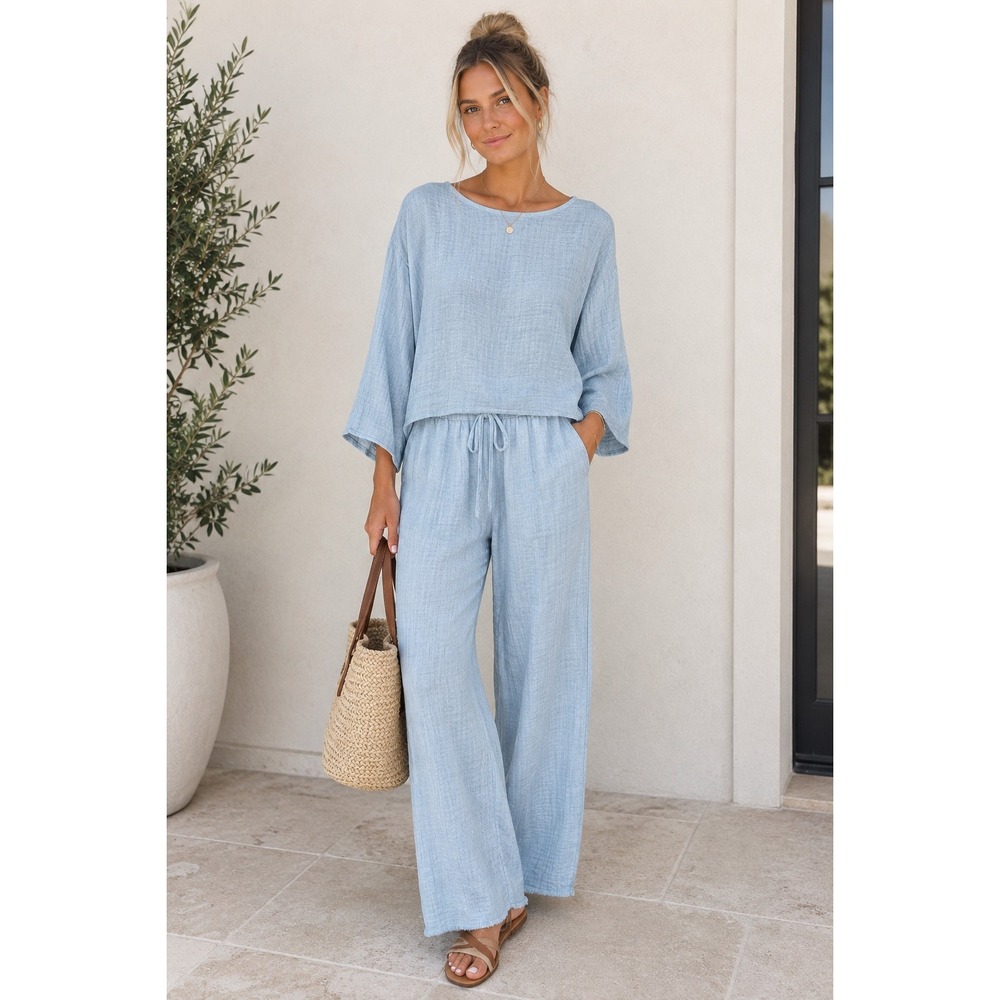 Stark X Star Blue Gauze Top and Pant Set Light Blue Cotton Two Piece Large NWT